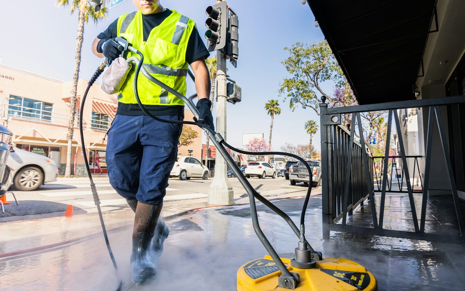 Surface cleaner washing pavement with pressurized water.